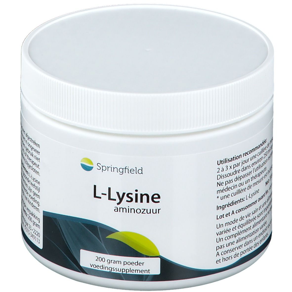 Witte plastic pot met schroefdop. Opschrift: L-Lysine, aminozuur, 200 g poeder. Merk: Springfield.