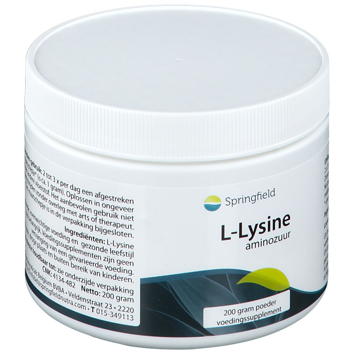 Witte plastic pot met schroefdop. Opschrift: L-Lysine, aminozuur, 200 g poeder. Merk: Springfield.