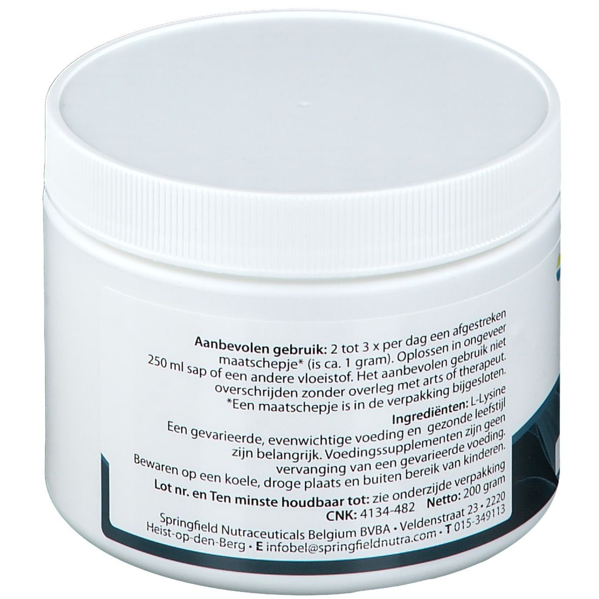 Witte pot met schroefdop. Opschrift: L-Lysine, aminozuur, 200 g. Tekst over gebruik en ingrediënten.