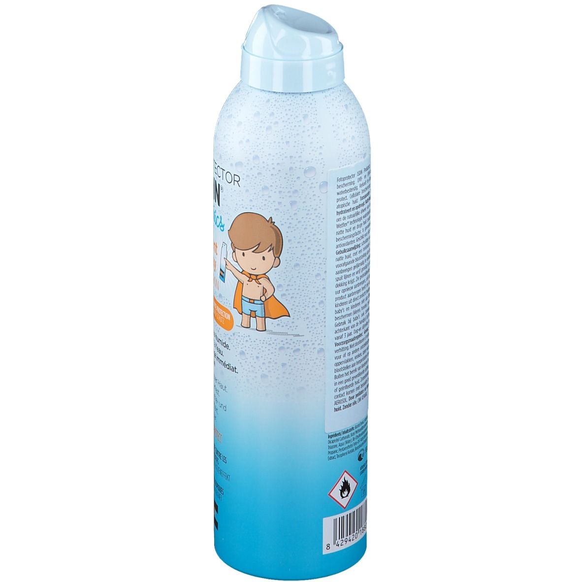 Flacon de spray solaire, vue latérale. Nom du produit et illustration enfant. Couleurs bleu et blanc.