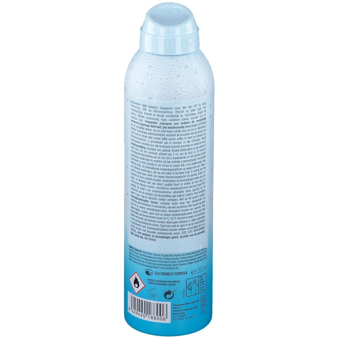 Dos du flacon de spray solaire. Informations textuelles et logos. Couleurs bleu et blanc.