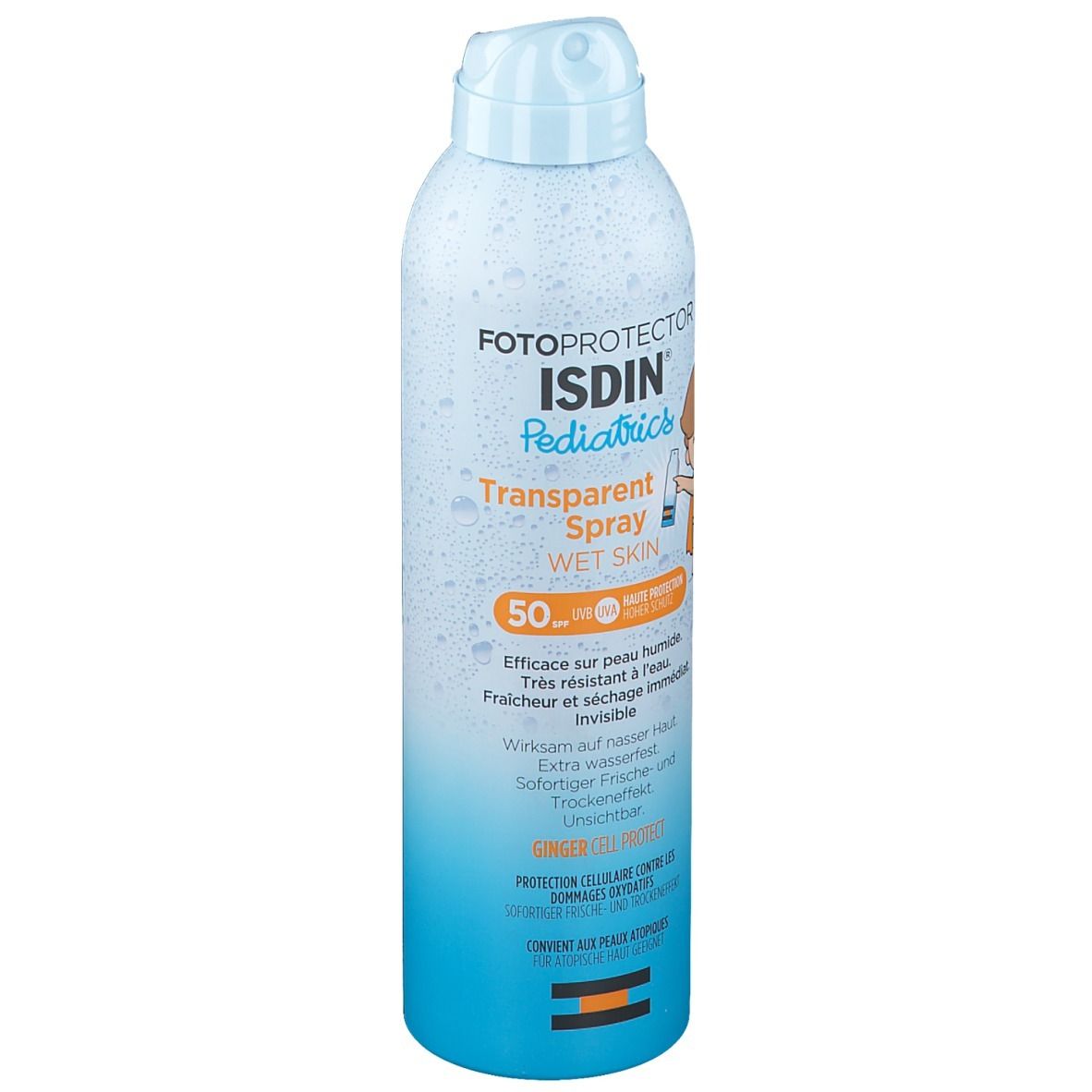 Flacon de spray solaire avec nom du produit et SPF50+. Couleurs bleu et blanc.
