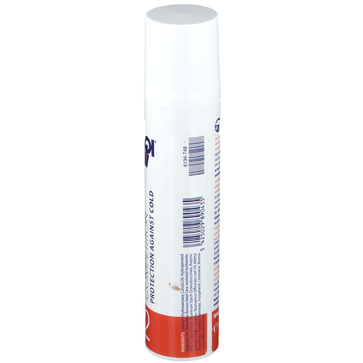 Witte spuitfles met rode bodem. Opschrift: NAQI, WARMING UP COMPETITION, PROTECTION AGAINST COLD. Barcode en ingrediënten.