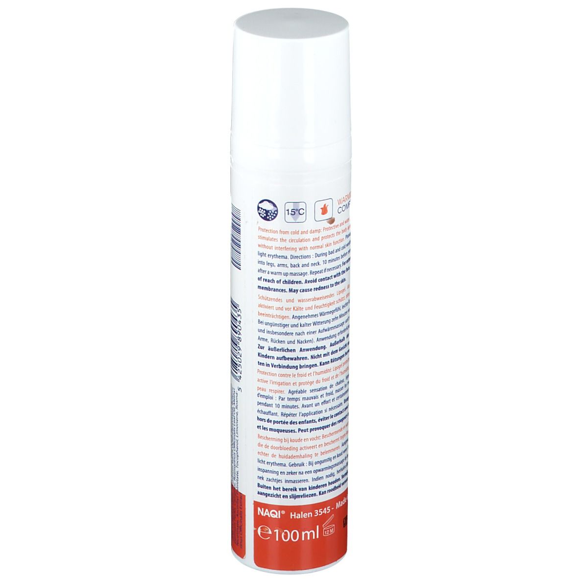 Witte spuitfles met rode bodem. Tekst: gebruiksaanwijzing, waarschuwingen, ingrediënten. Opschrift: NAQI, 100ml.