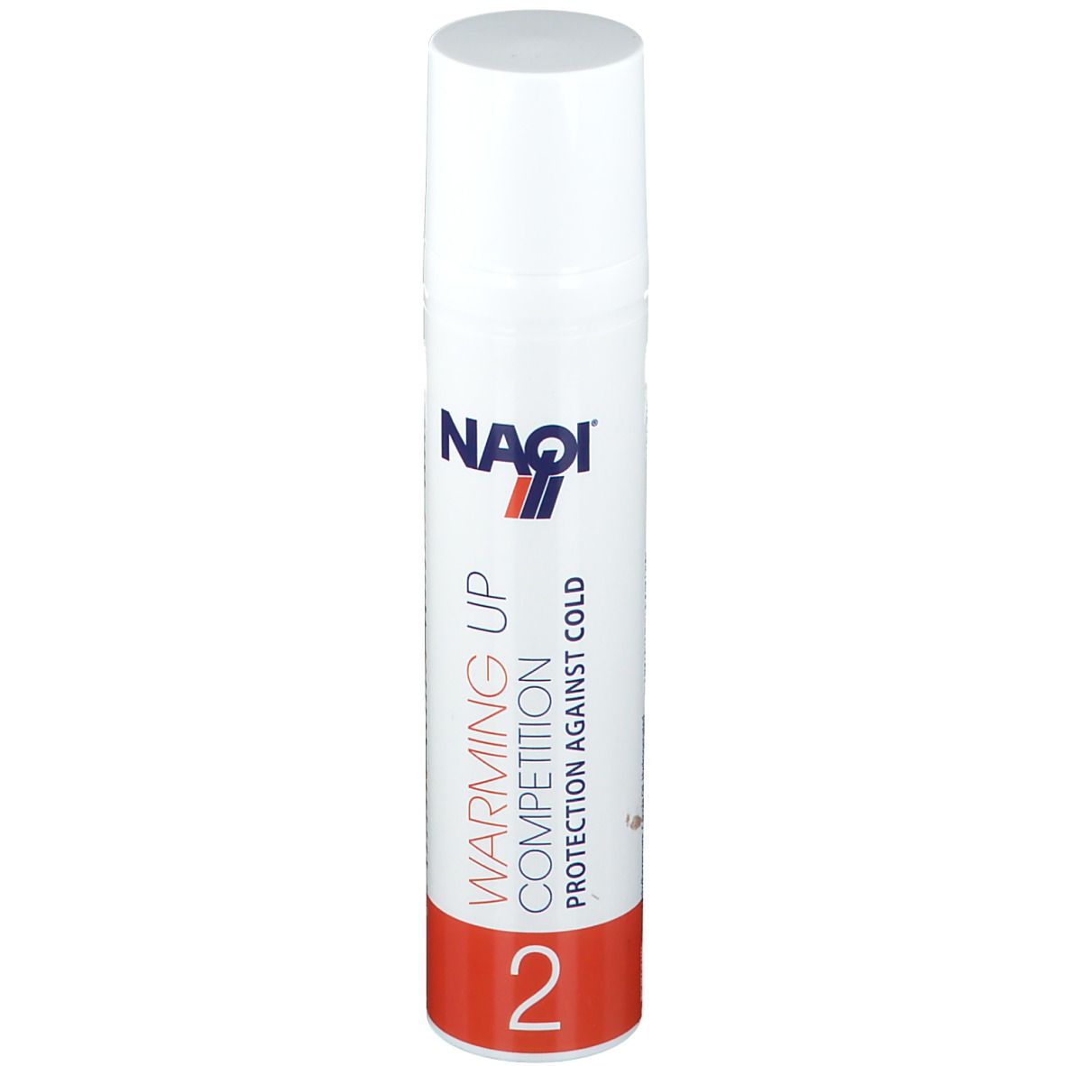 Witte spuitfles met rode bodem. Opschrift: NAQI, WARMING UP COMPETITION, PROTECTION AGAINST COLD. Nummer 2.