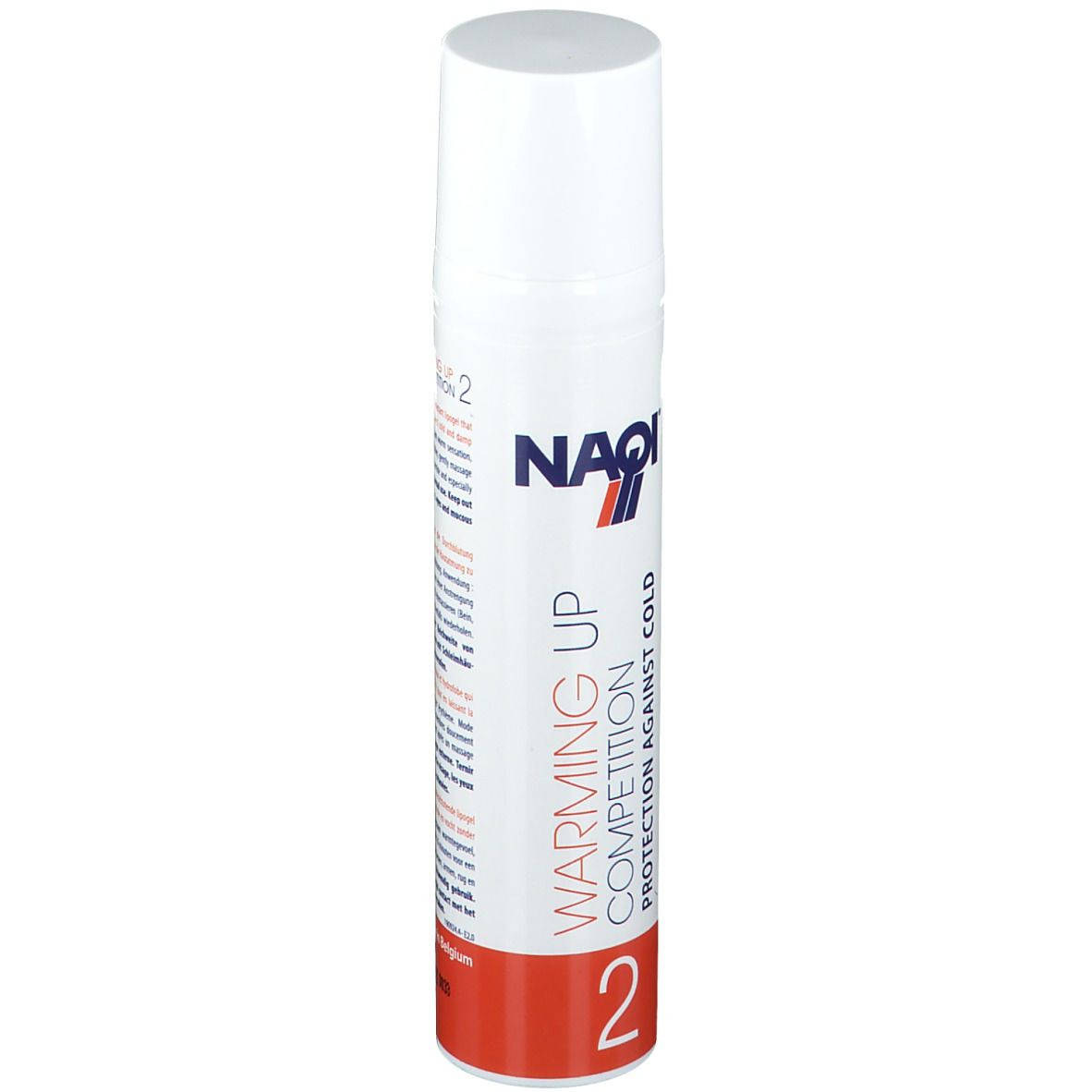 Witte spuitfles met rode bodem. Opschrift: NAQI, WARMING UP COMPETITION, PROTECTION AGAINST COLD. Nummer 2.