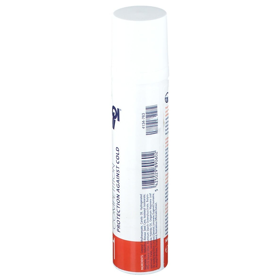 Witte spuitfles. Achterkant met barcode en ingrediënten. Opschrift: COMPETITION, PROTECTION AGAINST COLD.