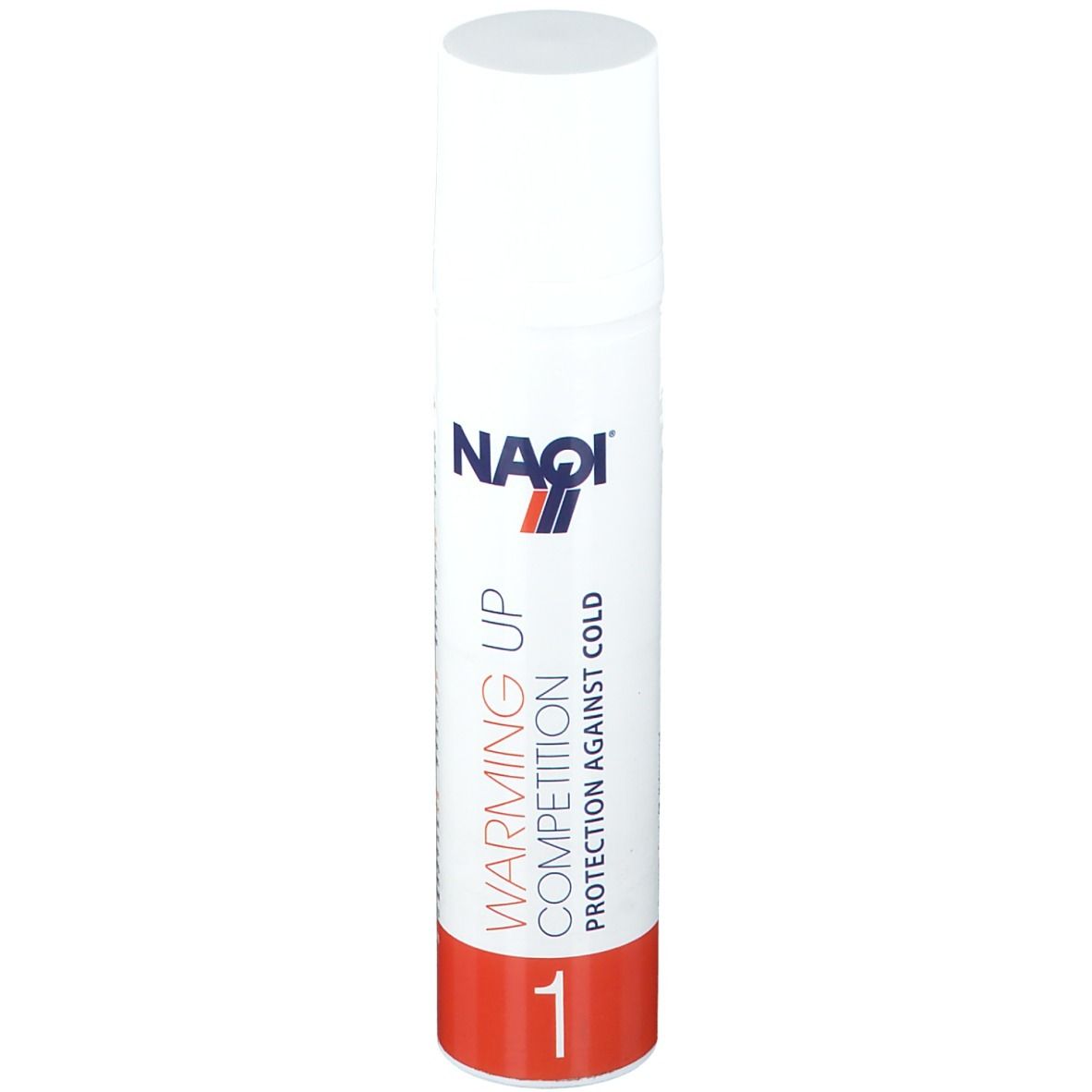 Witte spuitfles met rode bodem. Opschrift: NAQI, WARMING UP COMPETITION, PROTECTION AGAINST COLD. Nummer 1.
