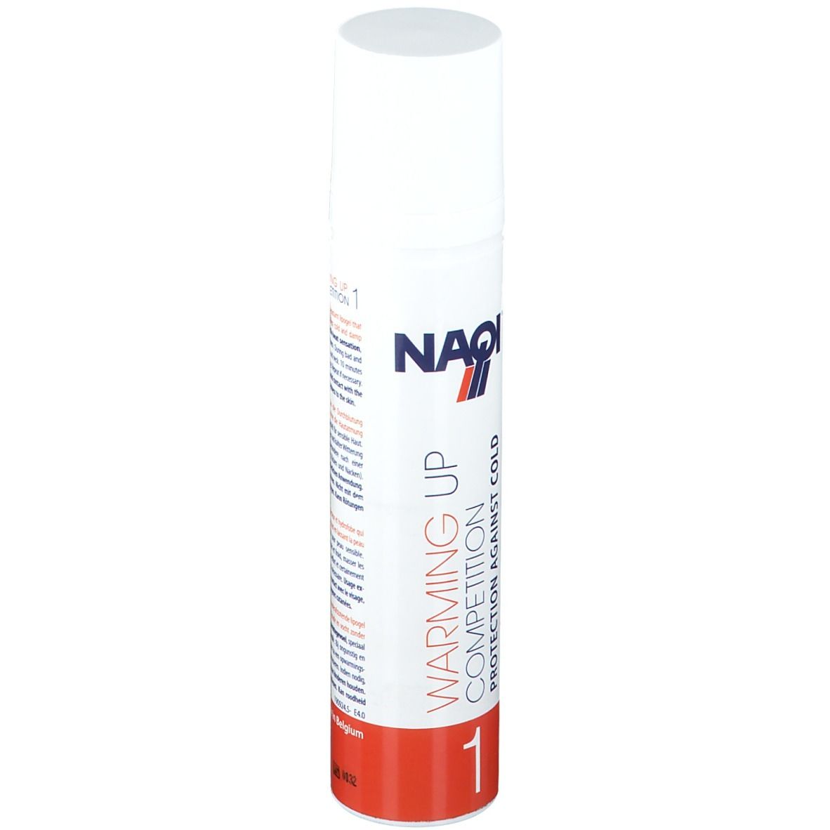 Witte spuitfles met tekst. Opschrift: NAQI, WARMING UP COMPETITION, PROTECTION AGAINST COLD. Nummer 1.
