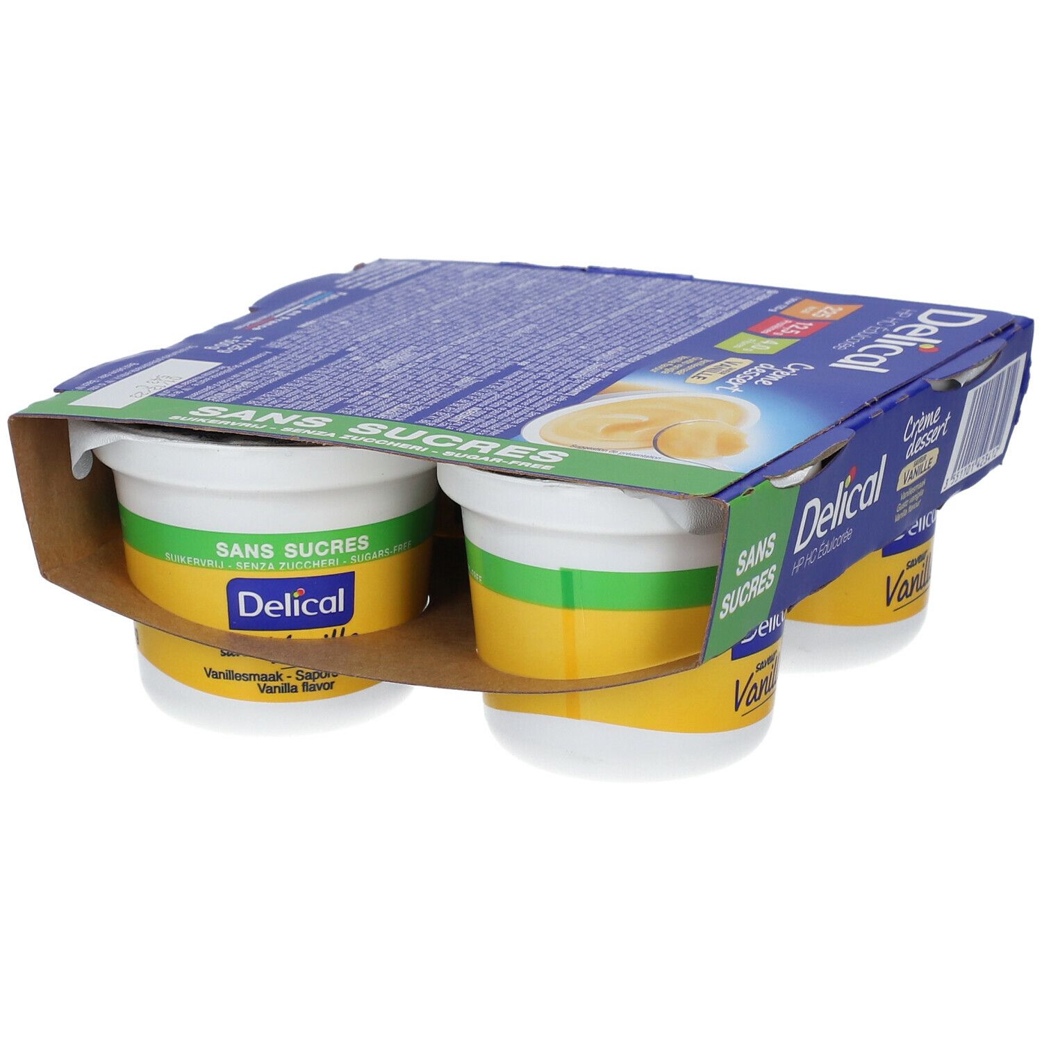Emballage de quatre crèmes dessert vanille sans sucre. Marque Delical, emballage vert et jaune.