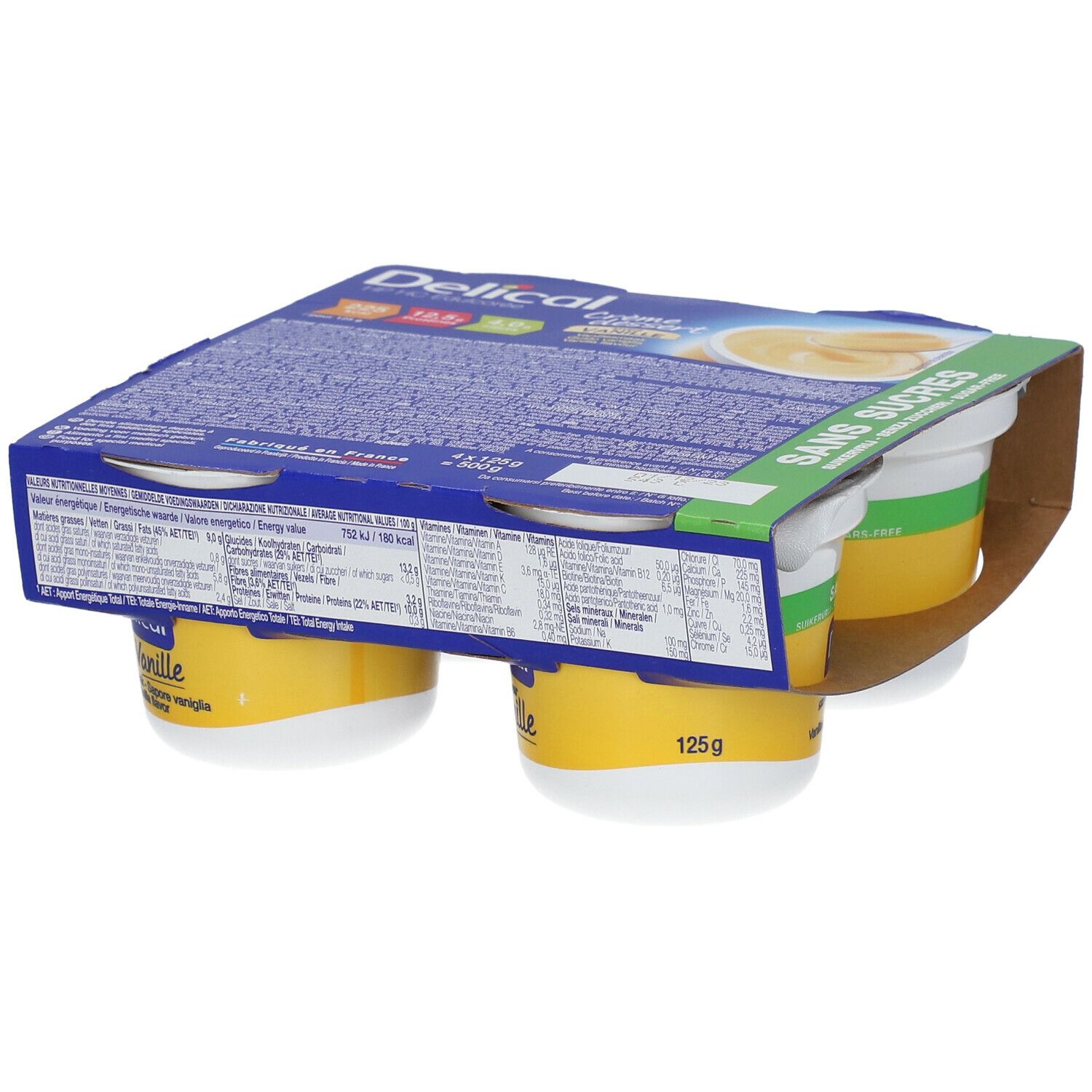 Emballage de quatre crèmes dessert vanille sans sucre. Marque Delical, emballage vert et jaune.