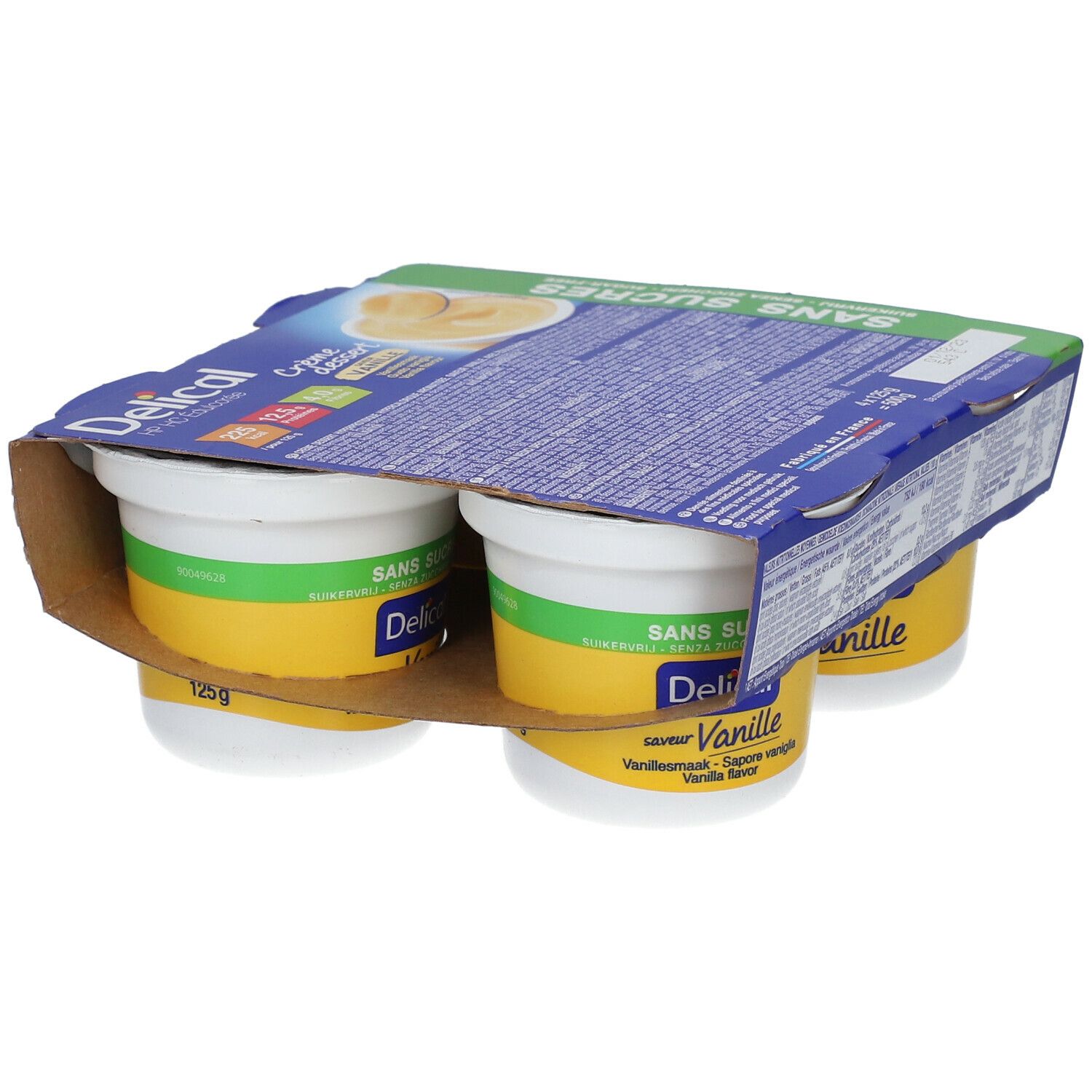 Emballage de quatre crèmes dessert vanille sans sucre. Marque Delical, emballage vert et jaune.