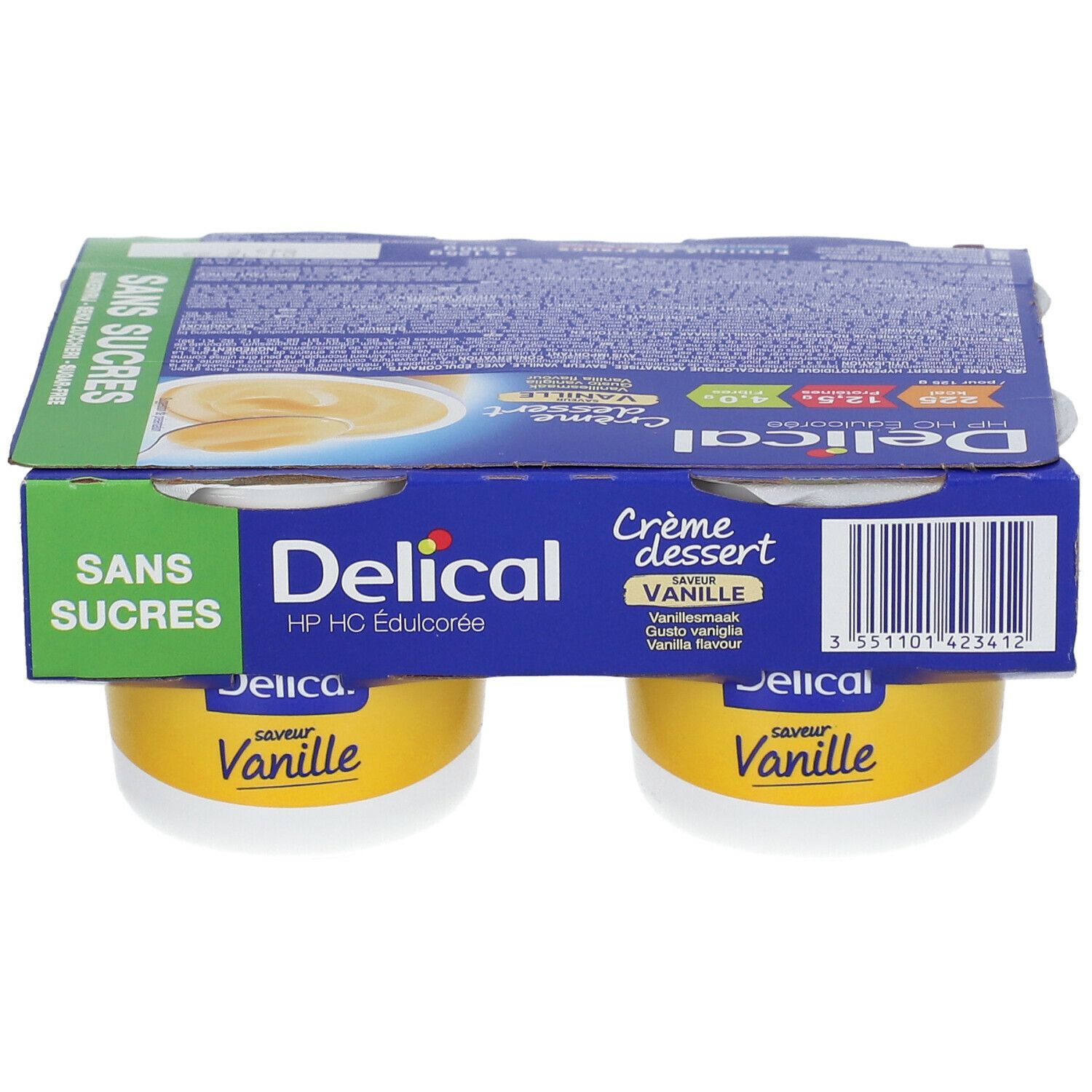 Emballage de quatre crèmes dessert vanille sans sucre. Marque Delical, emballage vert et jaune.