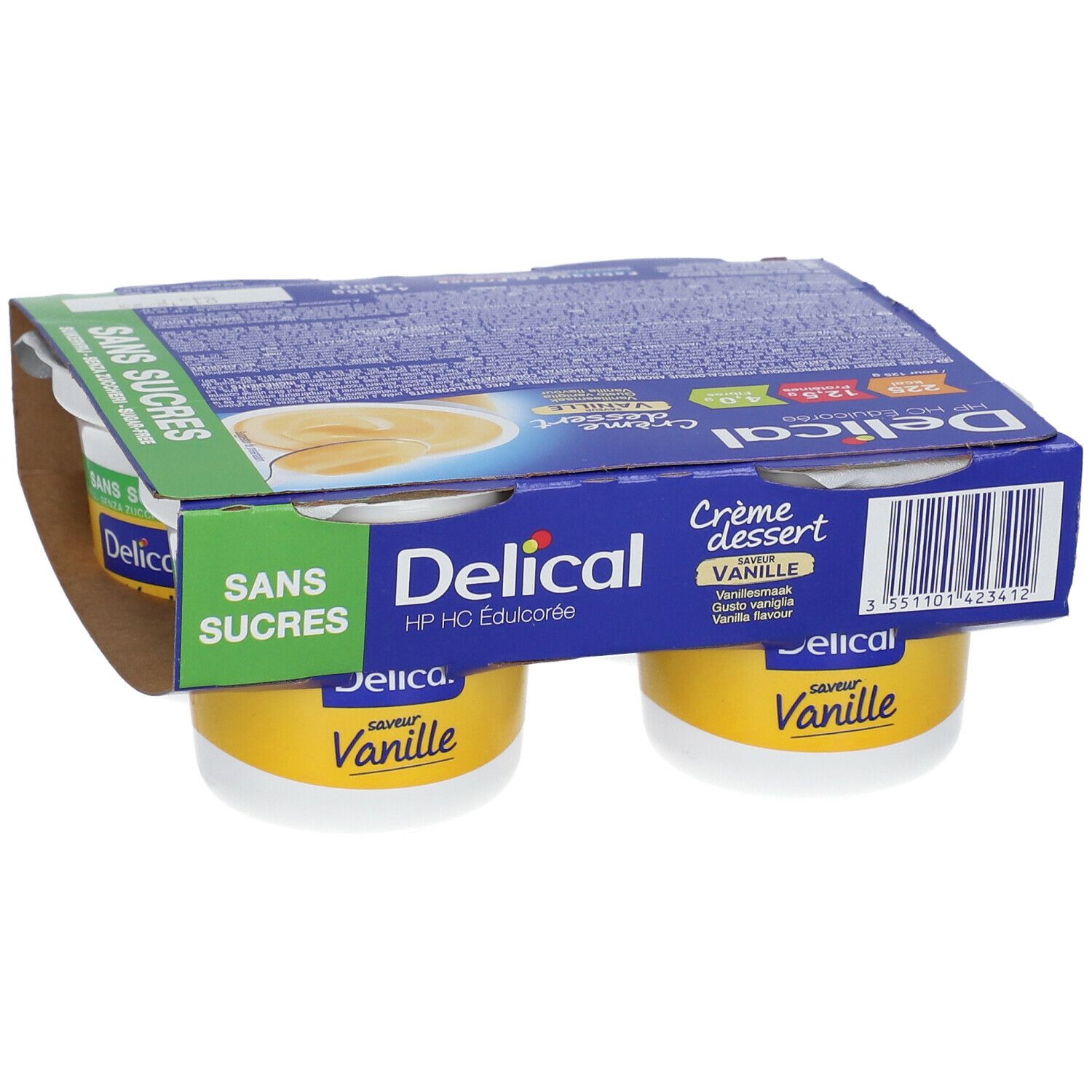 Emballage de quatre crèmes dessert vanille sans sucre. Marque Delical, emballage vert et jaune.
