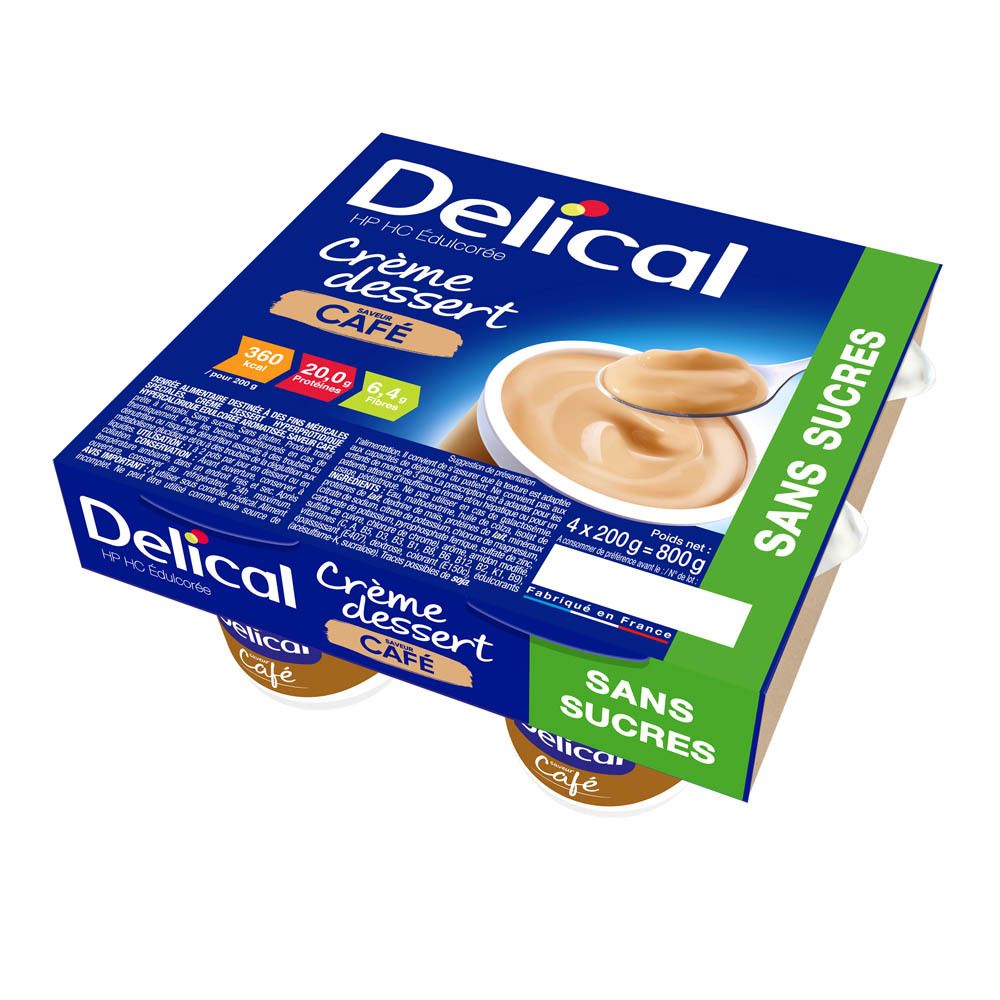 Pack de quatre pots Delical Crème dessert Café. Inscription Sans Sucre. Pots marron, couvercles verts. Cuillère.