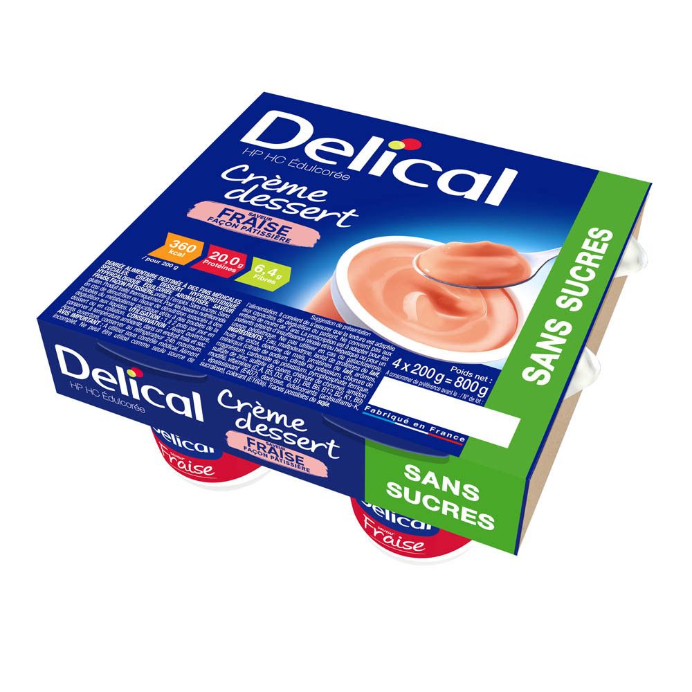 Emballage de quatre pots de Delical Crème dessert saveur fraise. Inscription: Sans Sucres (sans sucre).