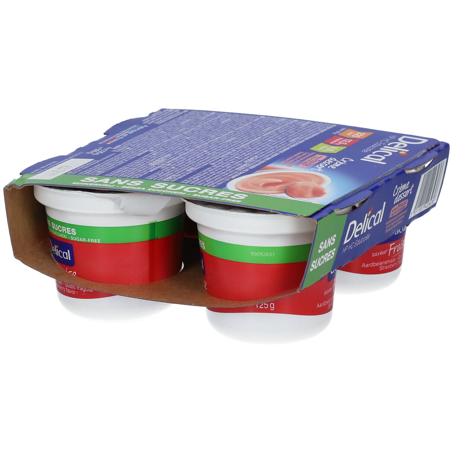 Emballage de quatre pots de Delical Crème dessert saveur fraise. Inscription: Sans Sucres (sans sucre).