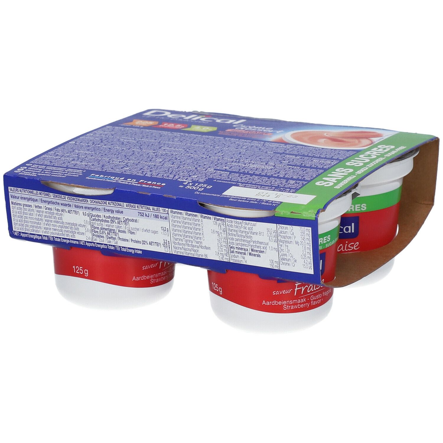 Emballage de quatre pots de Delical Crème dessert saveur fraise. Inscription: Sans Sucres (sans sucre).