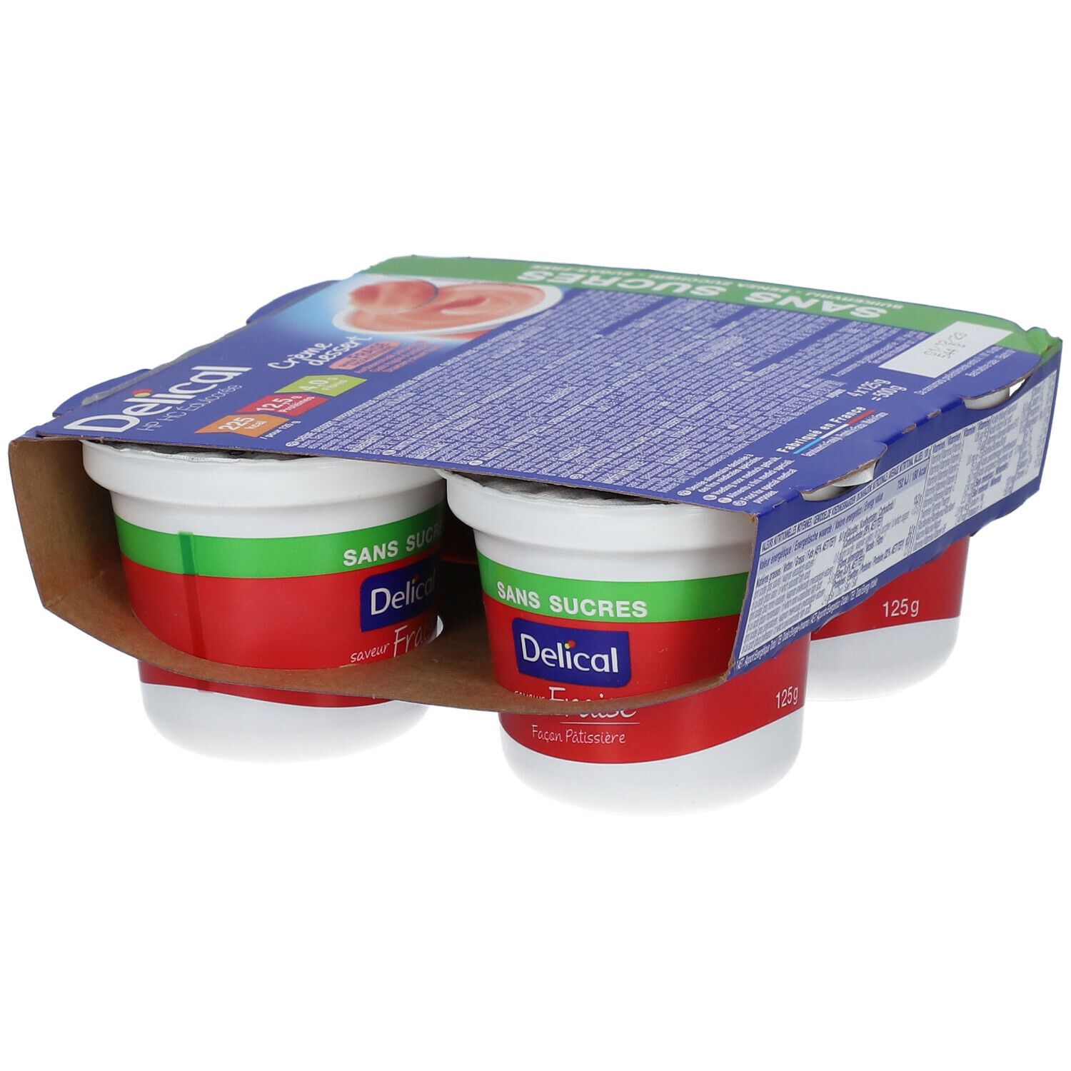 Emballage de quatre pots de Delical Crème dessert saveur fraise. Inscription: Sans Sucres (sans sucre).