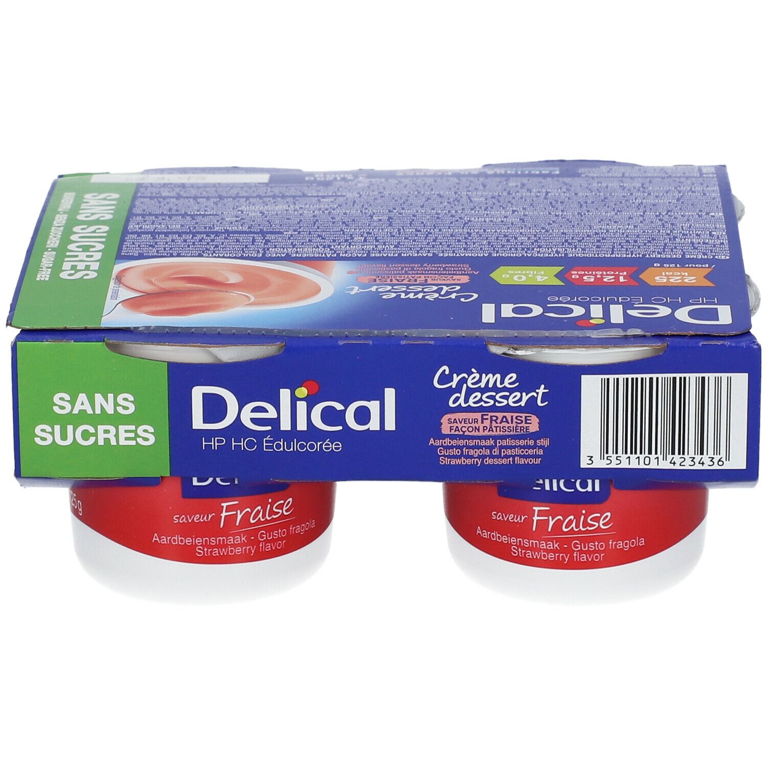 Emballage de quatre pots de Delical Crème dessert saveur fraise. Inscription: Sans Sucres (sans sucre).