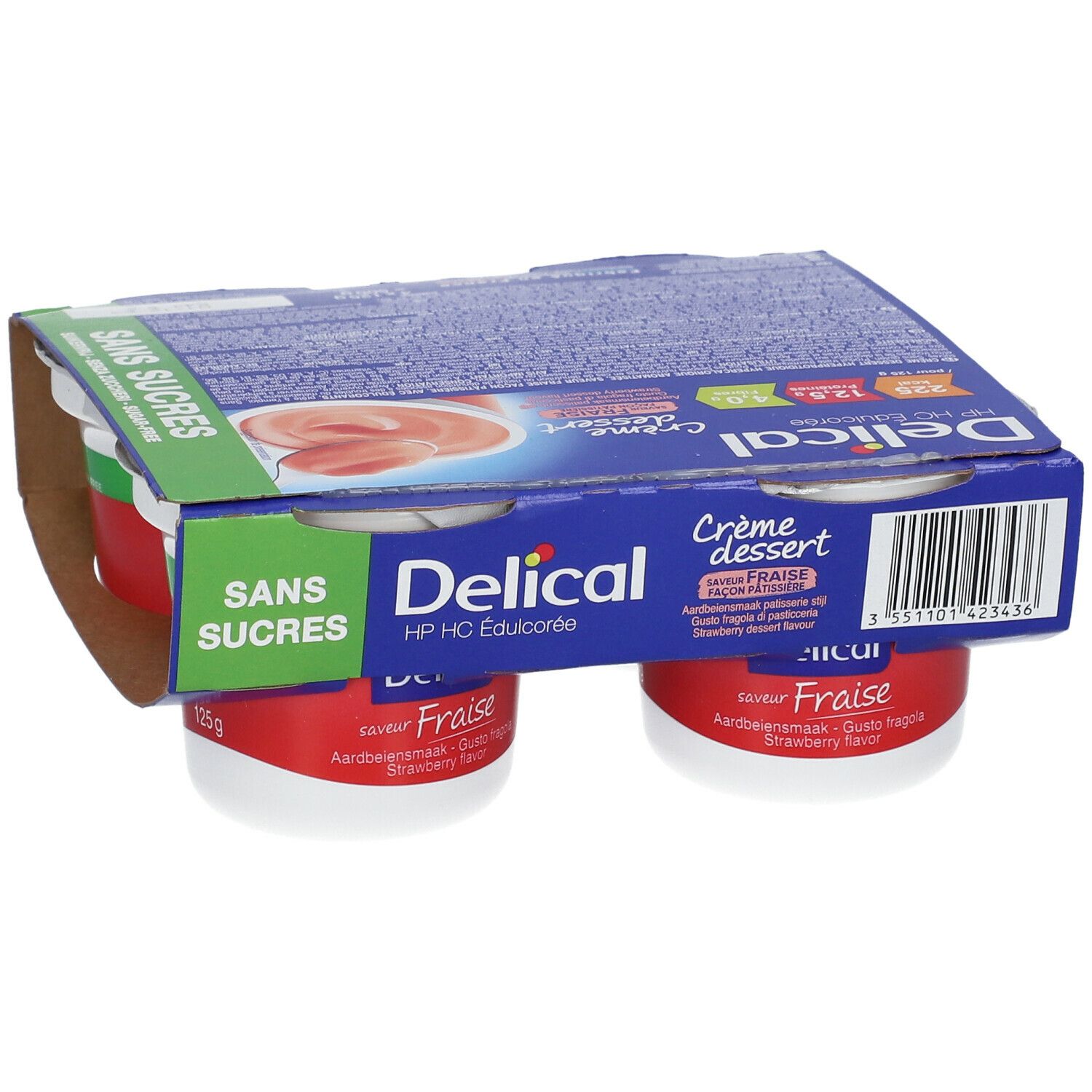 Emballage de quatre pots de Delical Crème dessert saveur fraise. Inscription: Sans Sucres (sans sucre).