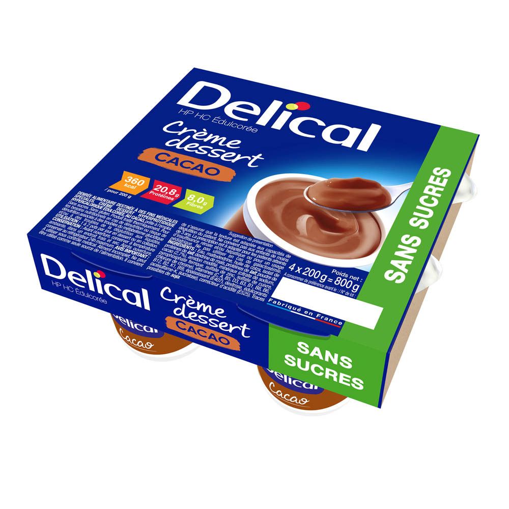 Emballage de 4 pots de Delical Crème dessert Cacao Sans Sucre. Pots de dessert marron, bord blanc et couvercle vert.