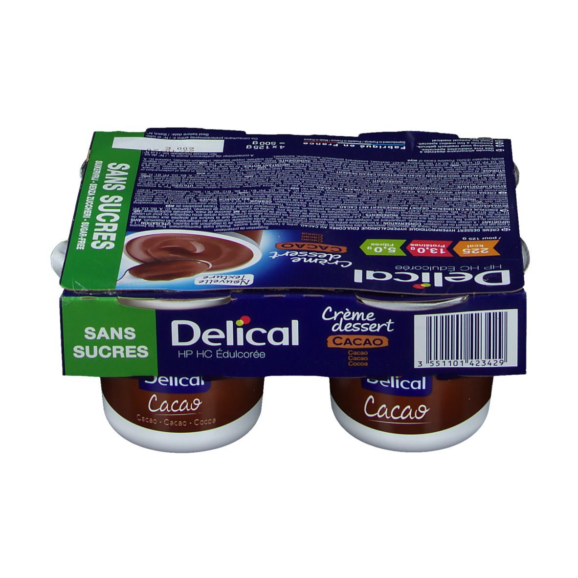 Emballage de 4 pots de Delical Crème dessert Cacao Sans Sucre. Pots de dessert marron, bord blanc et couvercle vert.