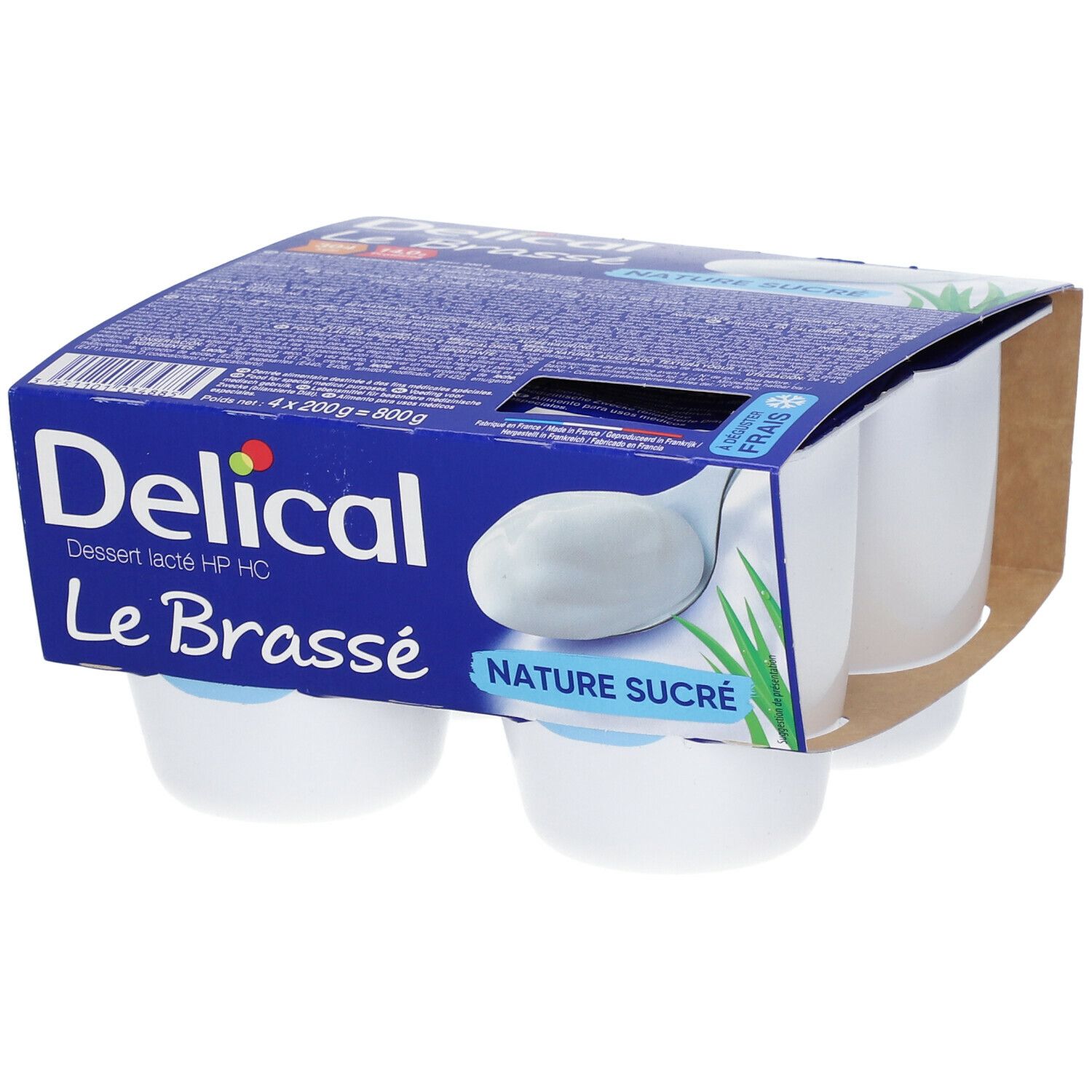 Emballage de quatre pots de Delical Le Brassé Naturel. Emballage bleu avec nom du produit et illustration.