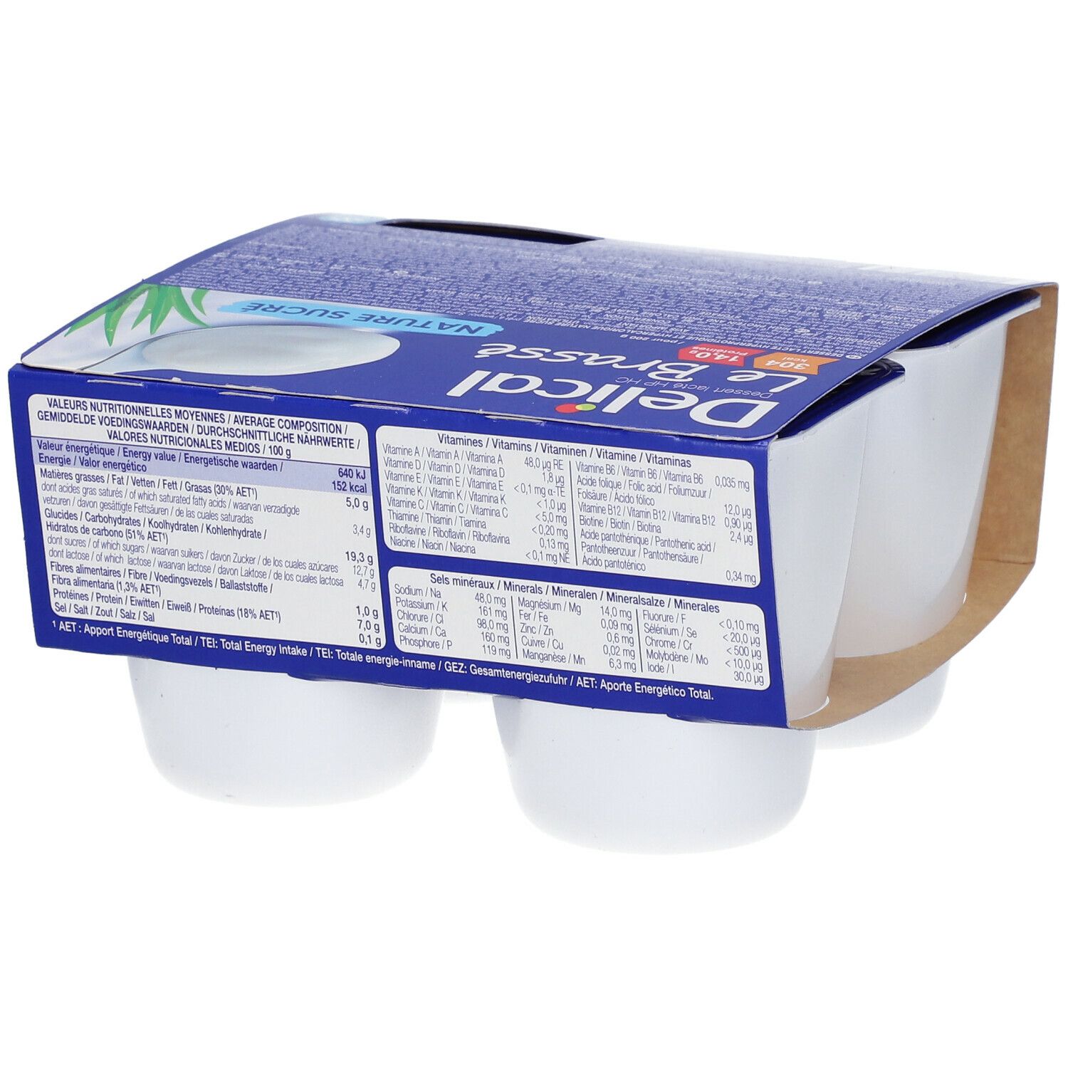 Emballage de quatre pots Delical Le Brassé Naturel. Dos avec informations nutritionnelles.