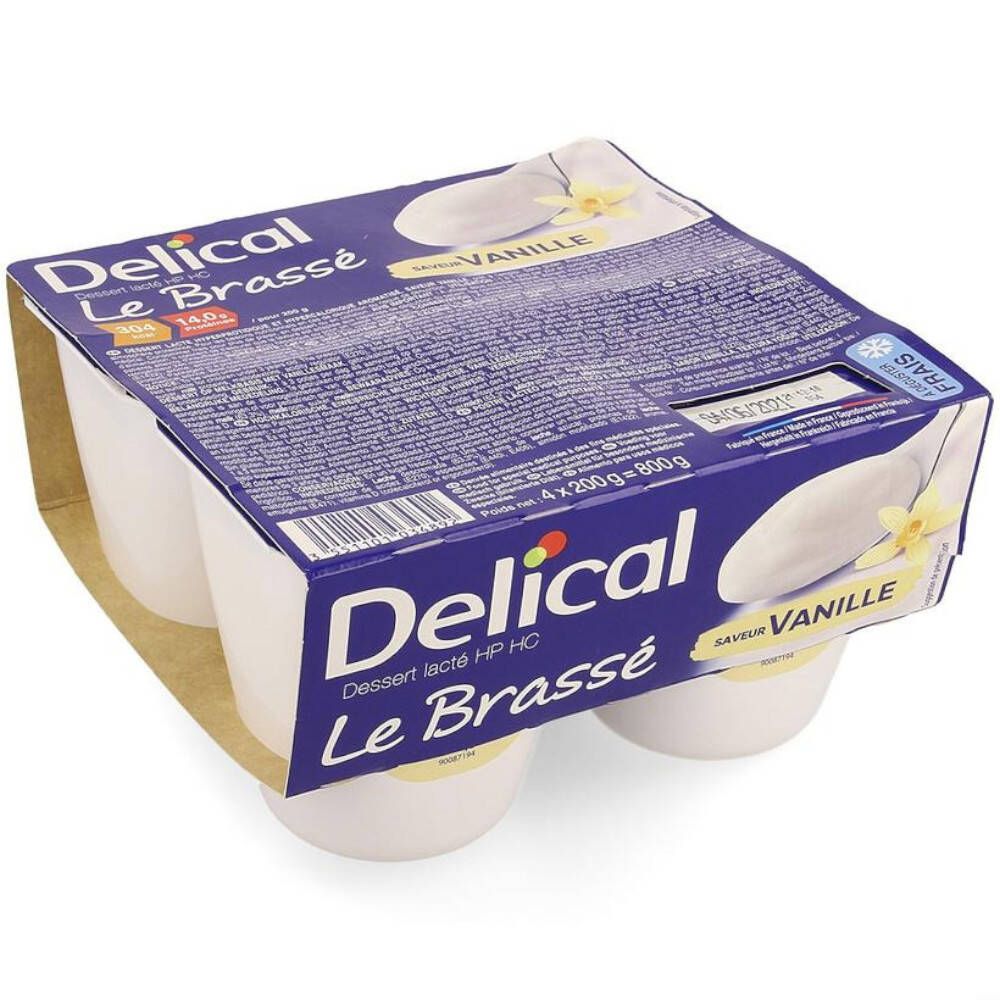 Emballage de quatre pots Delical Le Brassé Vanille. Emballage bleu avec nom du produit et illustration de vanille.