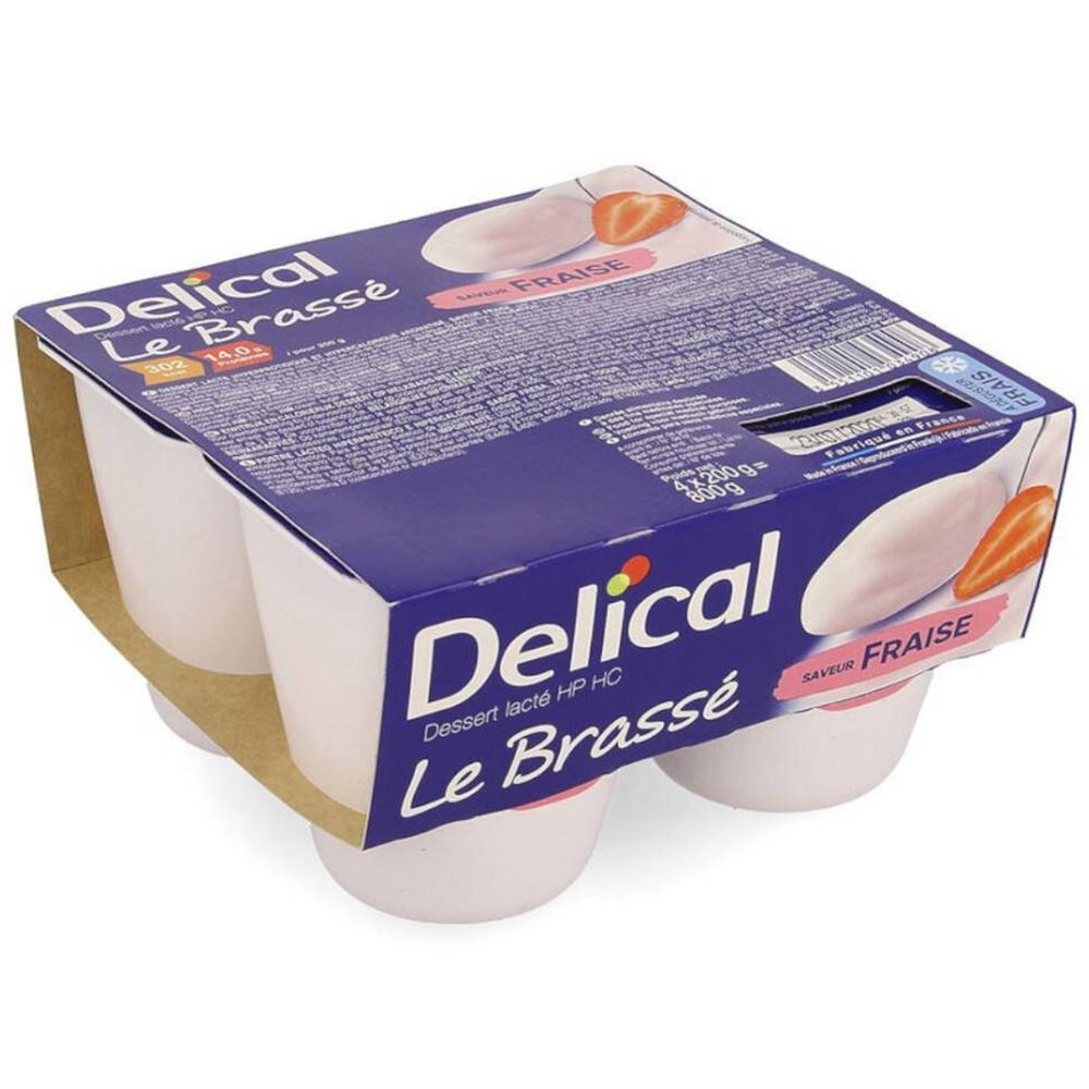 Emballage de quatre pots de Delical Le Brassé Fraise. Emballage bleu avec nom du produit et illustration de fraise.