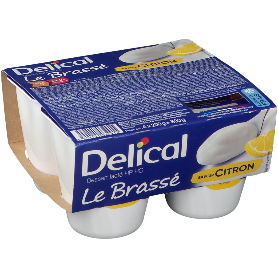 Emballage de Delical Le Brassé Citron, 4 pots. Boîte bleue avec nom du produit et illustration de citron.