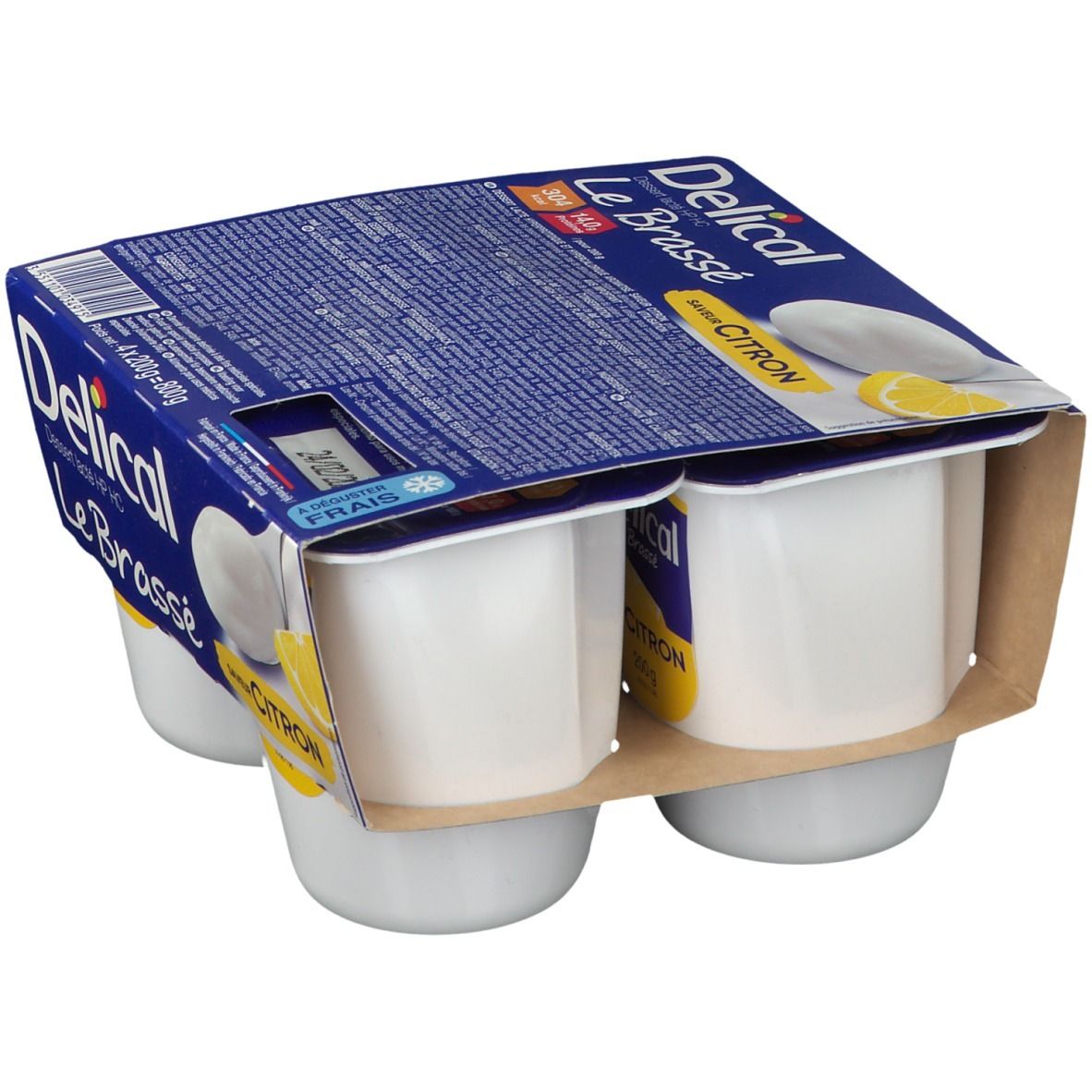Emballage Delical Le Brassé Citron, 4 pots. Boîte bleue, nom du produit et citron. Vue en biais.