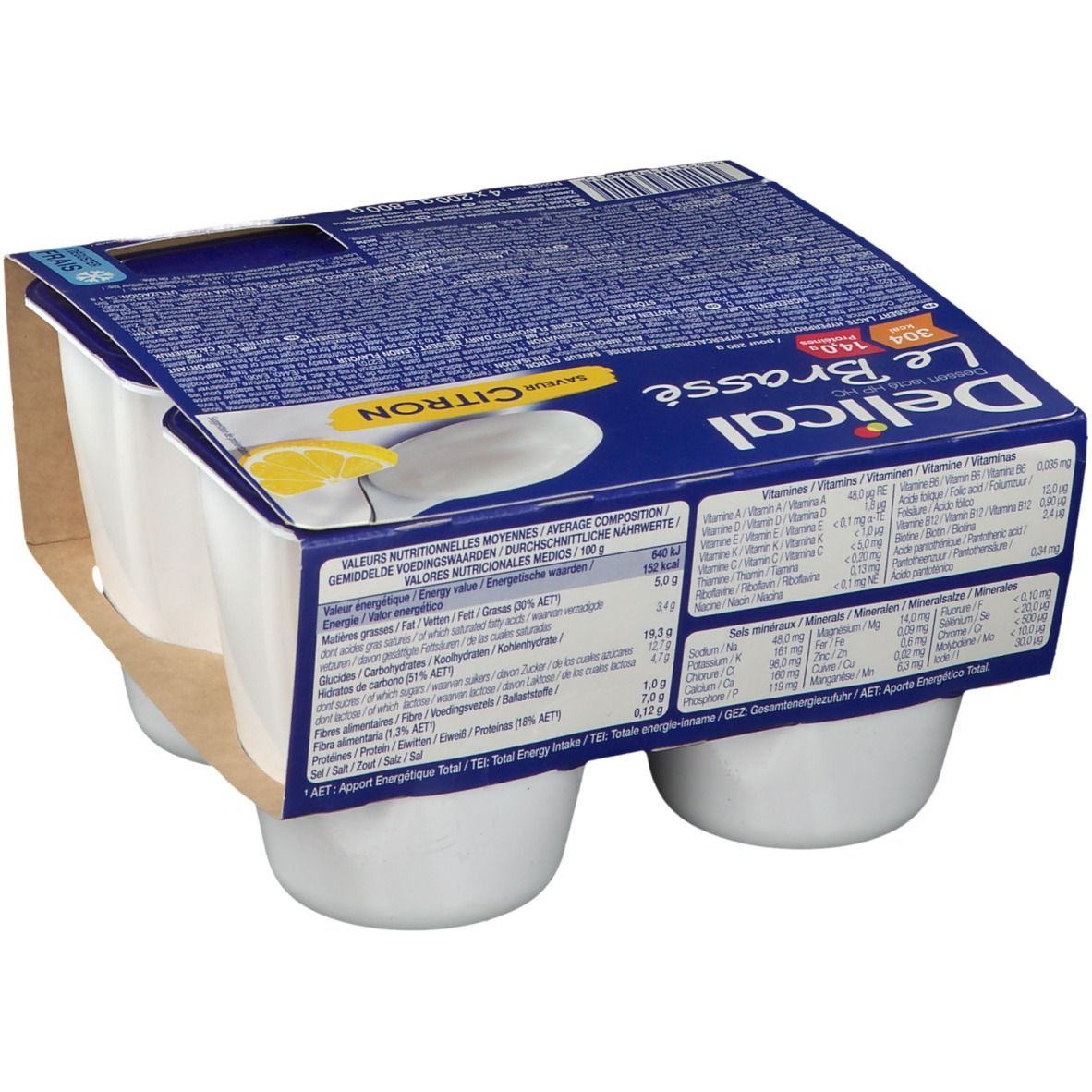 Emballage Delical Le Brassé Citron, 4 pots. Arrière de la boîte bleue avec informations nutritionnelles.