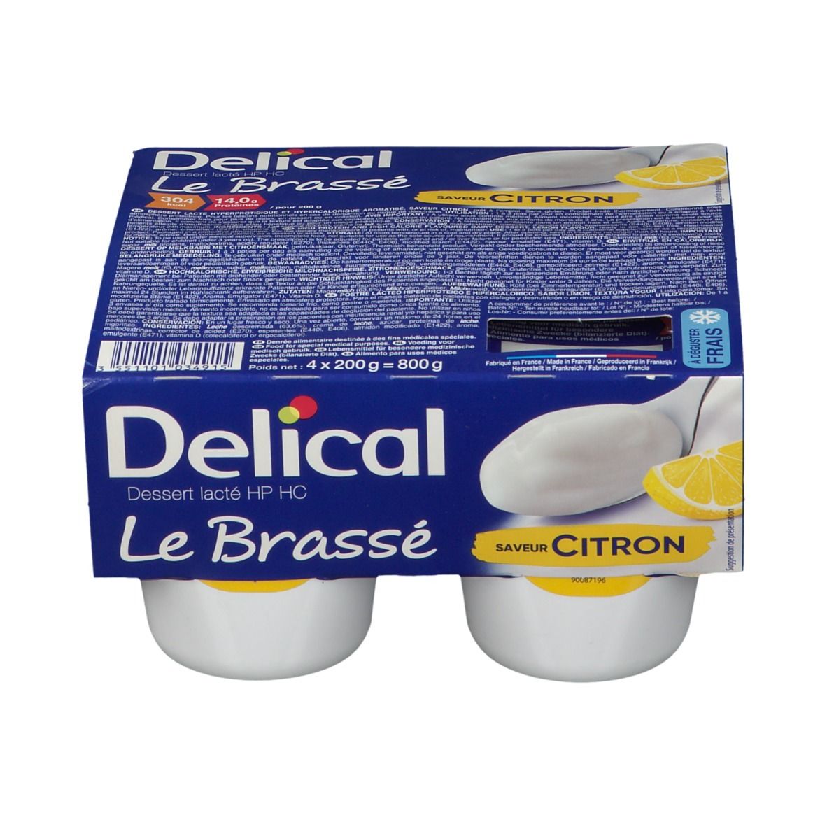 Emballage Delical Le Brassé Citron, 4 pots. Boîte bleue, nom du produit et illustration de citron.