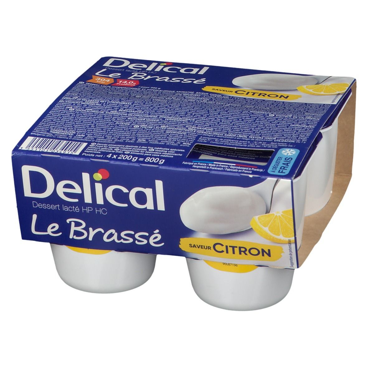 Emballage Delical Le Brassé Citron, 4 pots. Boîte bleue, nom du produit et illustration de citron.