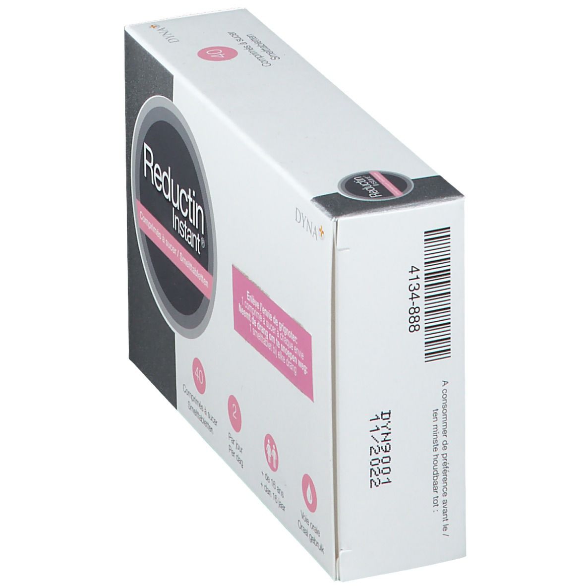 Boîte "Reductin Instant" de côté. Code-barres, date de péremption 11/2022, logo DYNA+.