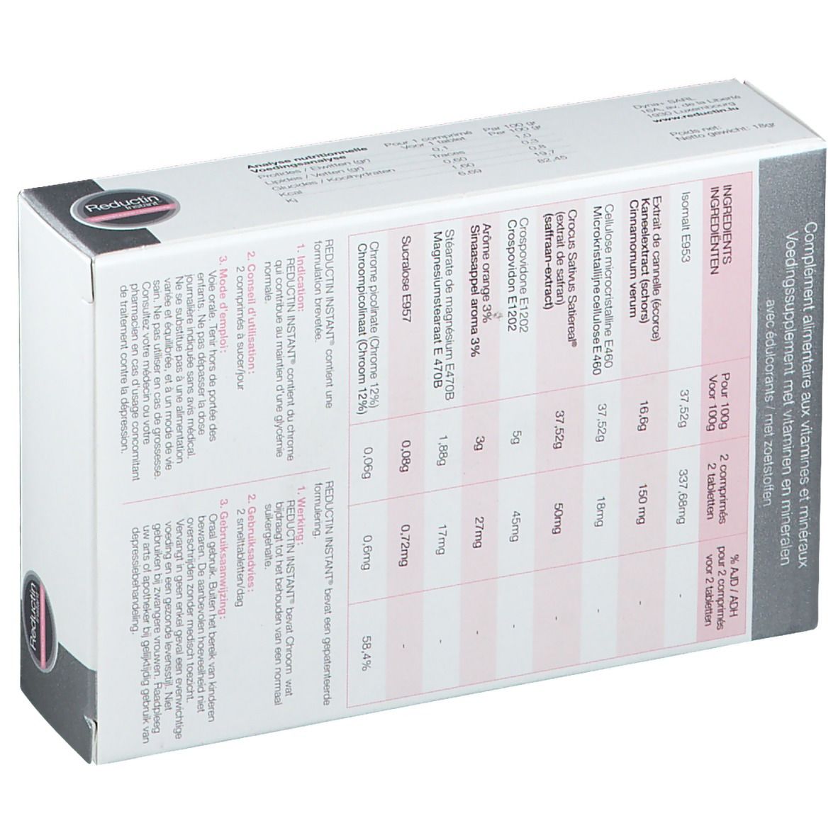 Dos de la boîte "Reductin Instant". Liste des ingrédients, informations nutritionnelles, instructions.