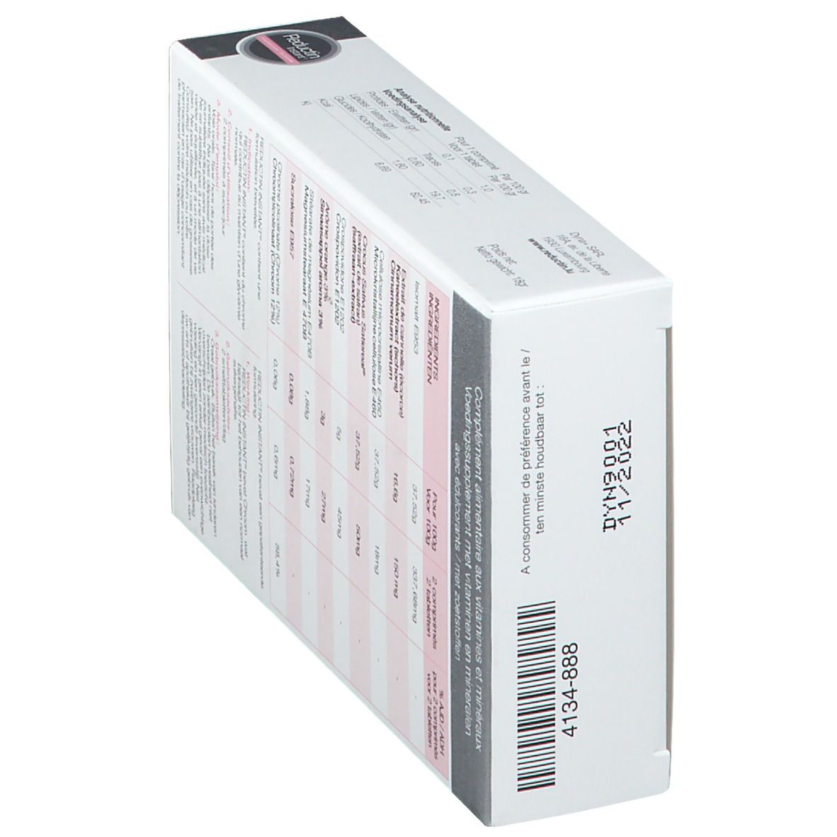 Vue latérale de la boîte "Reductin Instant". Date de péremption 11/2022, code-barres.