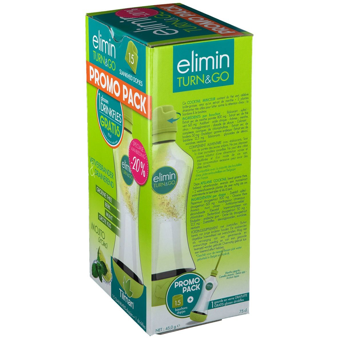 Boîte Elimin Turn & Go. Contient 15 bouchons et une gourde gratuite. Offre -20%. Saveur Mojito. Marque Tilman.