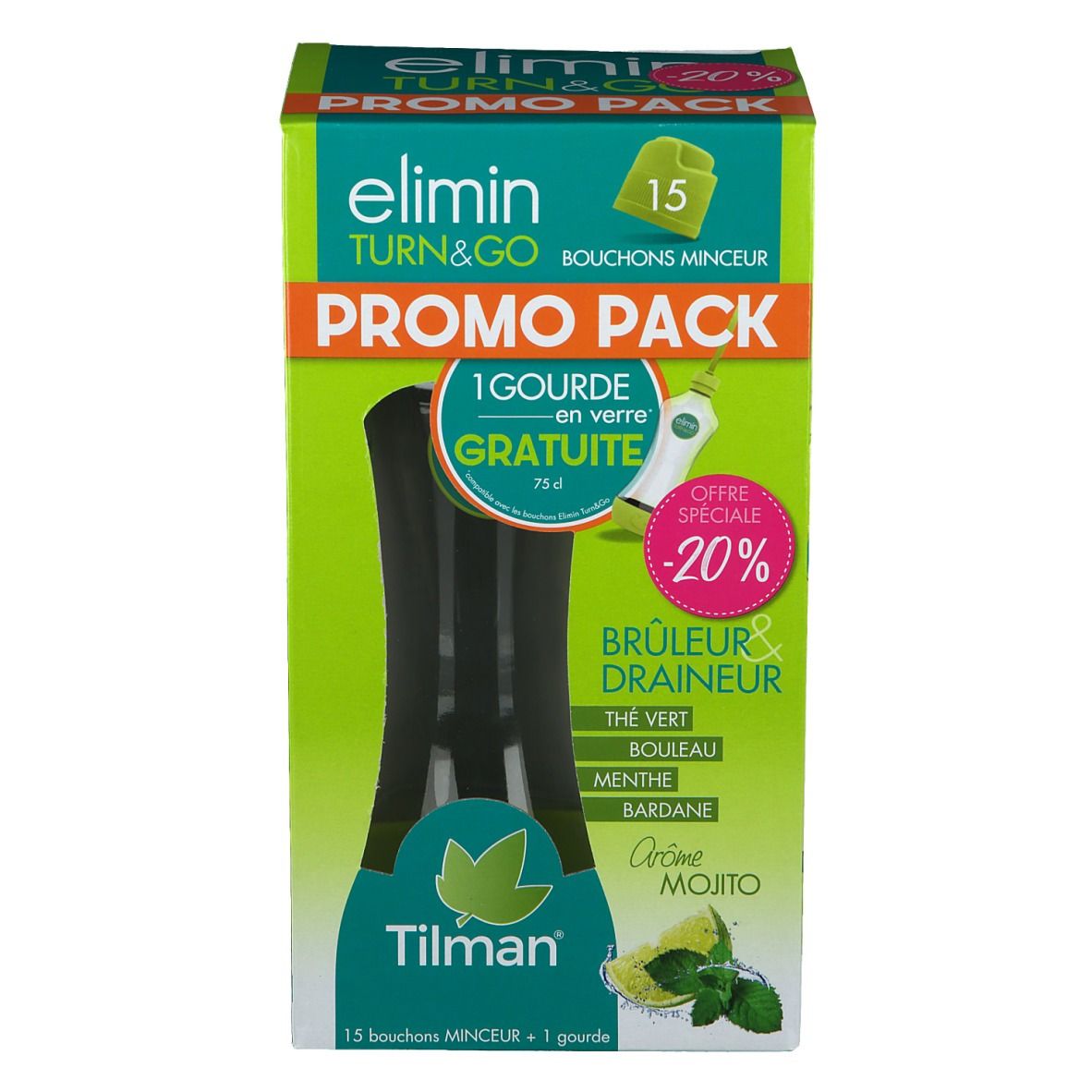Boîte Elimin Turn & Go. Contient 15 bouchons et une gourde gratuite. Offre -20%. Saveur Mojito. Marque Tilman.