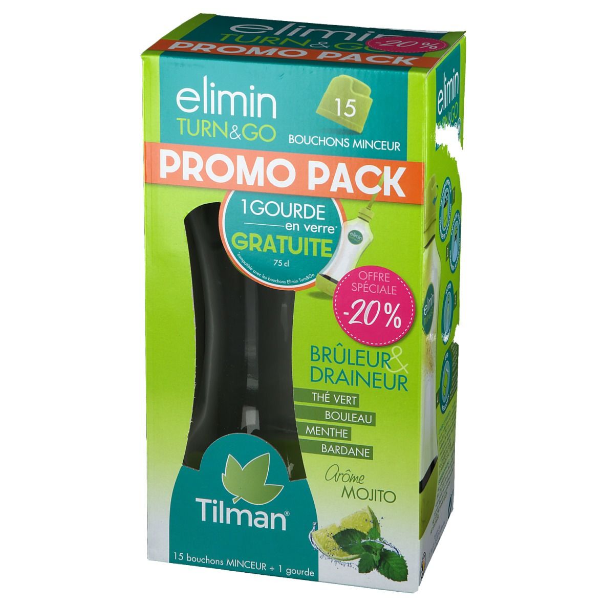 Boîte Elimin Turn & Go. Contient 15 bouchons et une gourde gratuite. Offre -20%. Saveur Mojito. Marque Tilman.