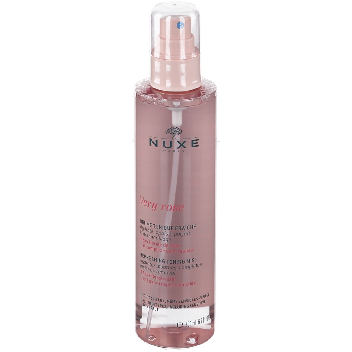 Roze fles met verstuiver. Opschrift: NUXE, Very Rose, Brume Tonique Fraîche, Refreshing Toning Mist.