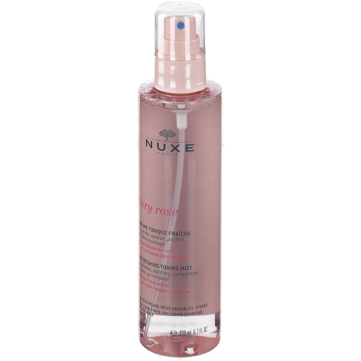 Roze fles met verstuiver. Opschrift: NUXE, Very Rose, Brume Tonique Fraîche, Refreshing Toning Mist.