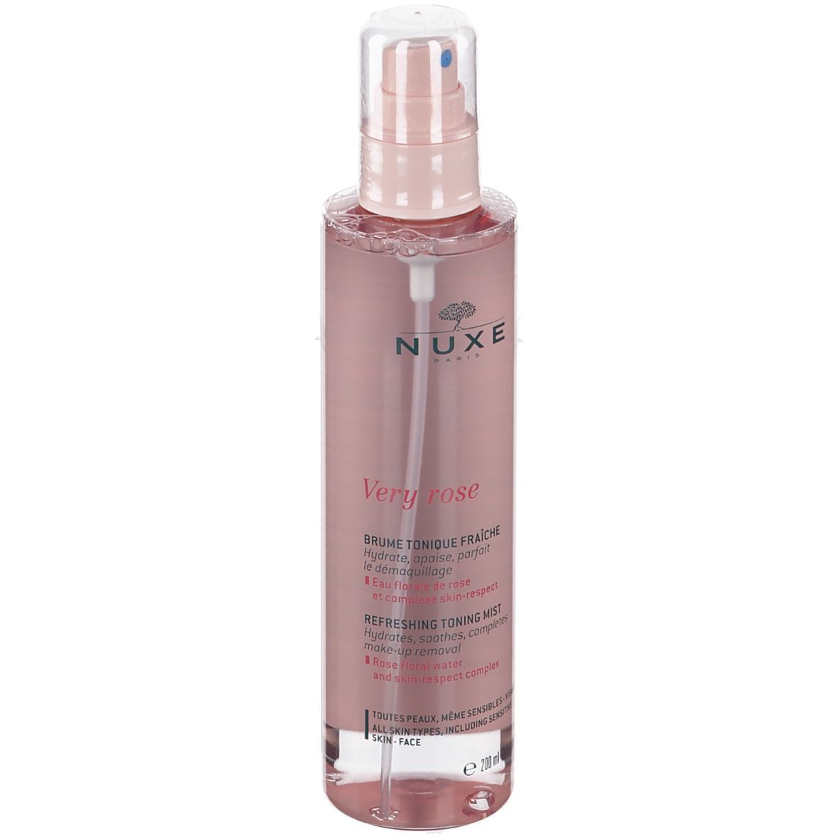 Roze fles met verstuiver. Opschrift: NUXE, Very Rose, Brume Tonique Fraîche, Refreshing Toning Mist.