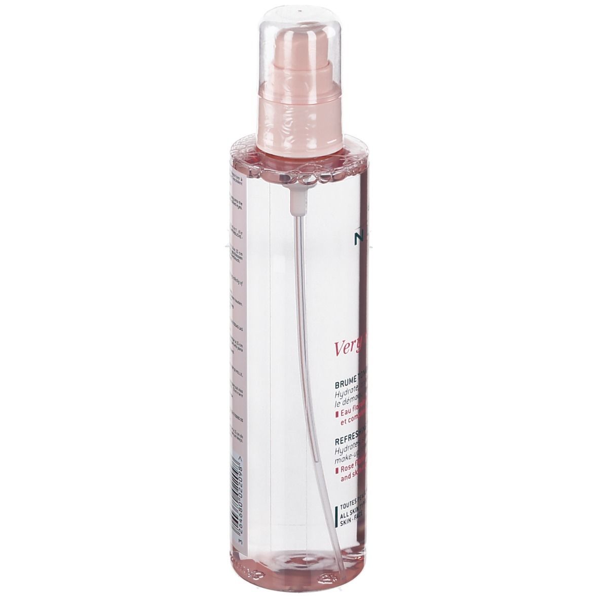 Transparante fles met roze dop en verstuiver. Opschrift: NUXE, Very Rose, Brume Tonique Fraîche.