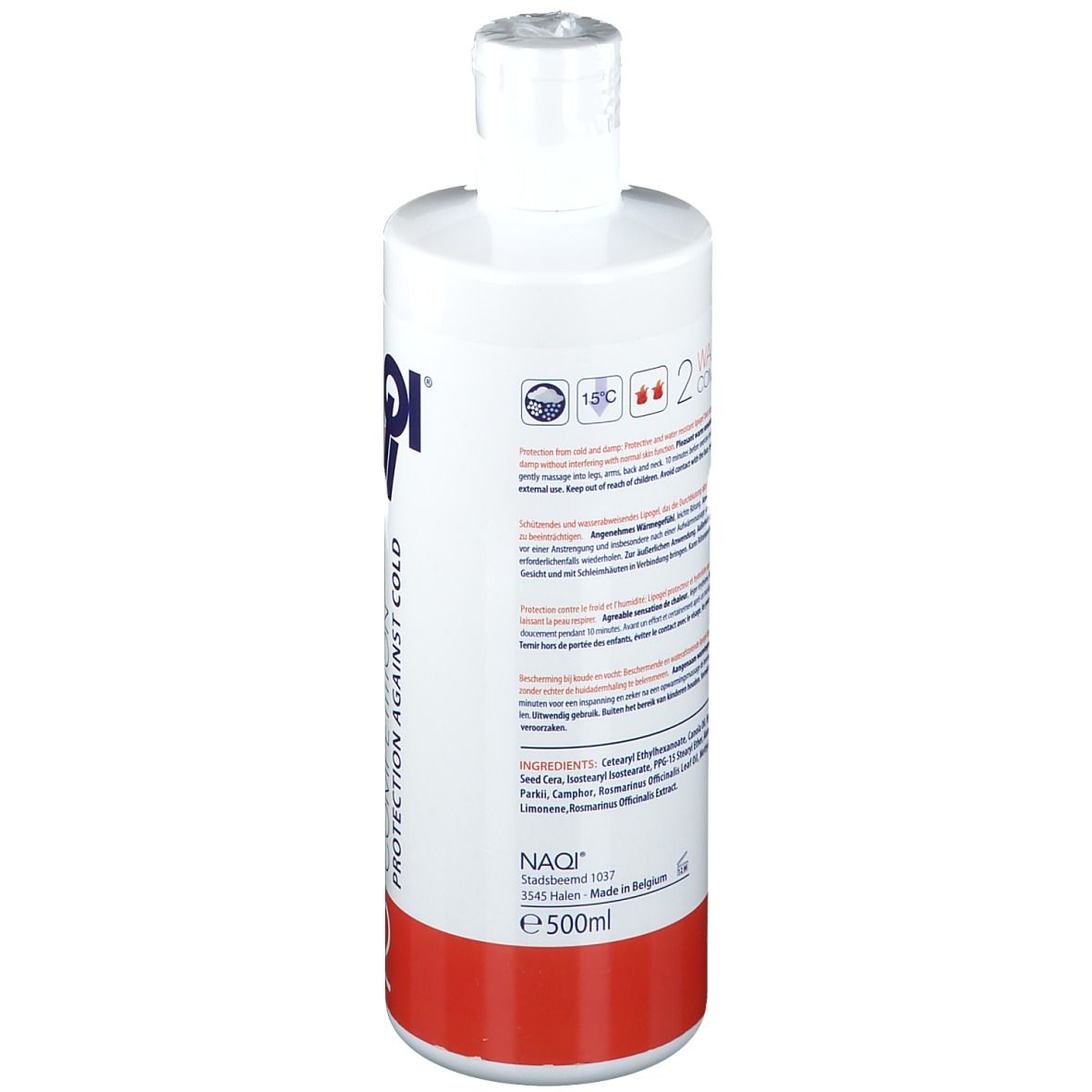 Dos du flacon blanc. Texte multilingue. Base rouge. Informations produit et ingrédients.