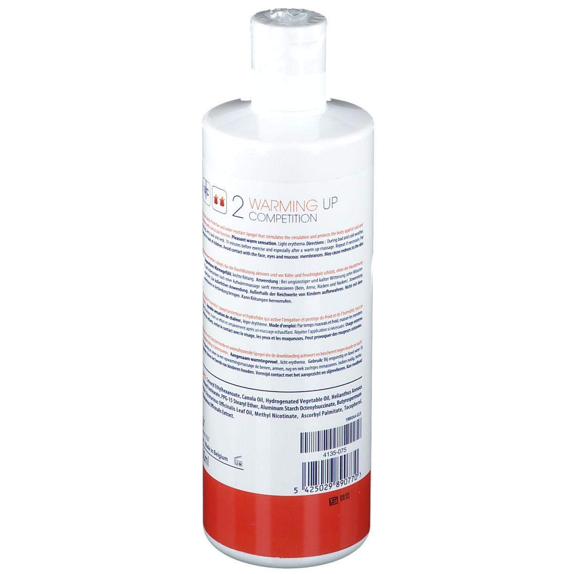 Dos du flacon blanc. Texte multilingue. Base rouge. Code-barres et informations produit.