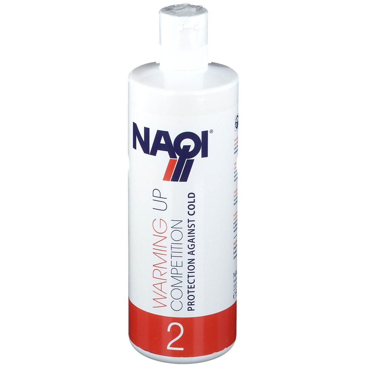 Flacon blanc avec base rouge. Inscription: NAQI, Warming Up Competition, Protection Against Cold, 2.