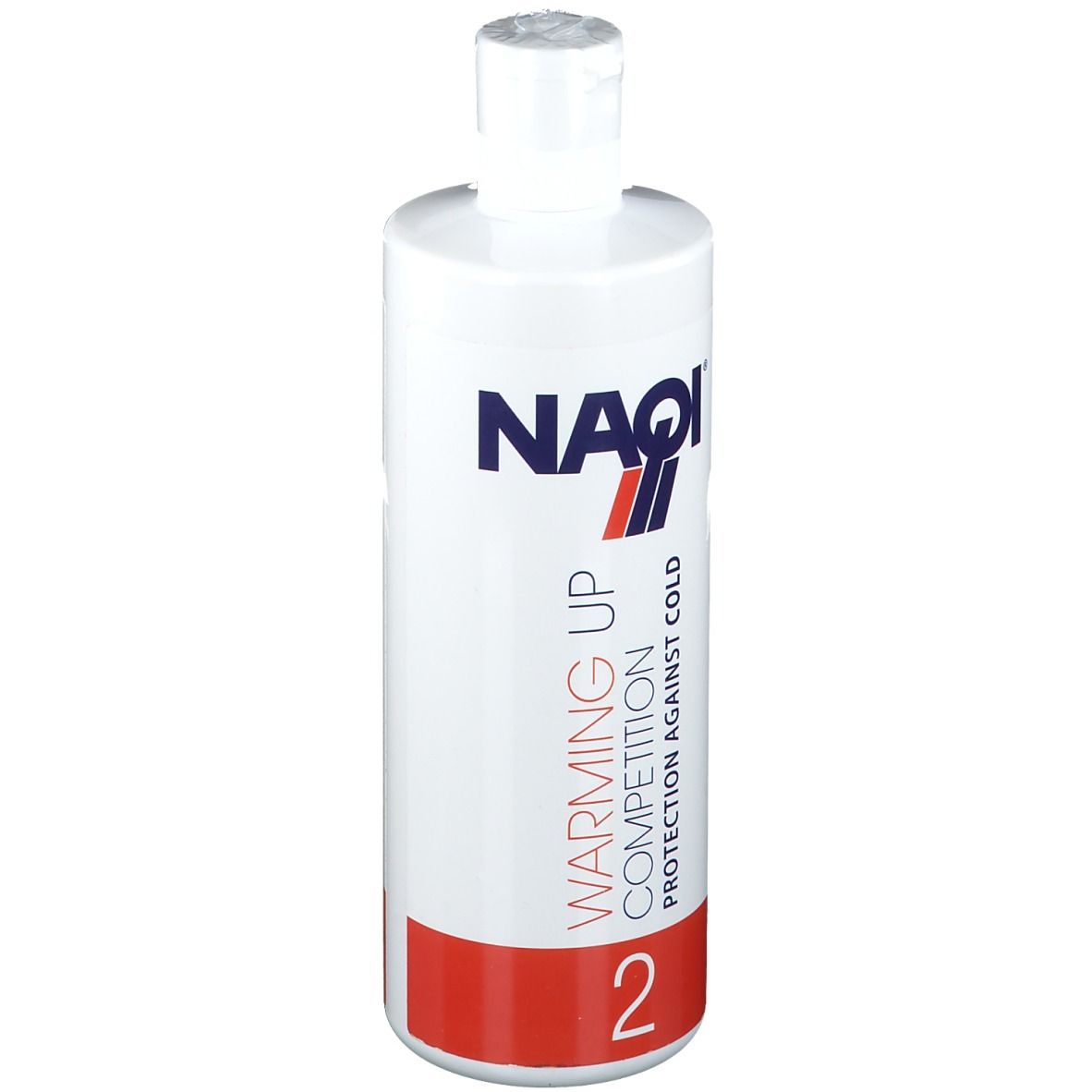 Flacon blanc avec base rouge. Inscription: NAQI, Warming Up Competition, Protection Against Cold, 2.